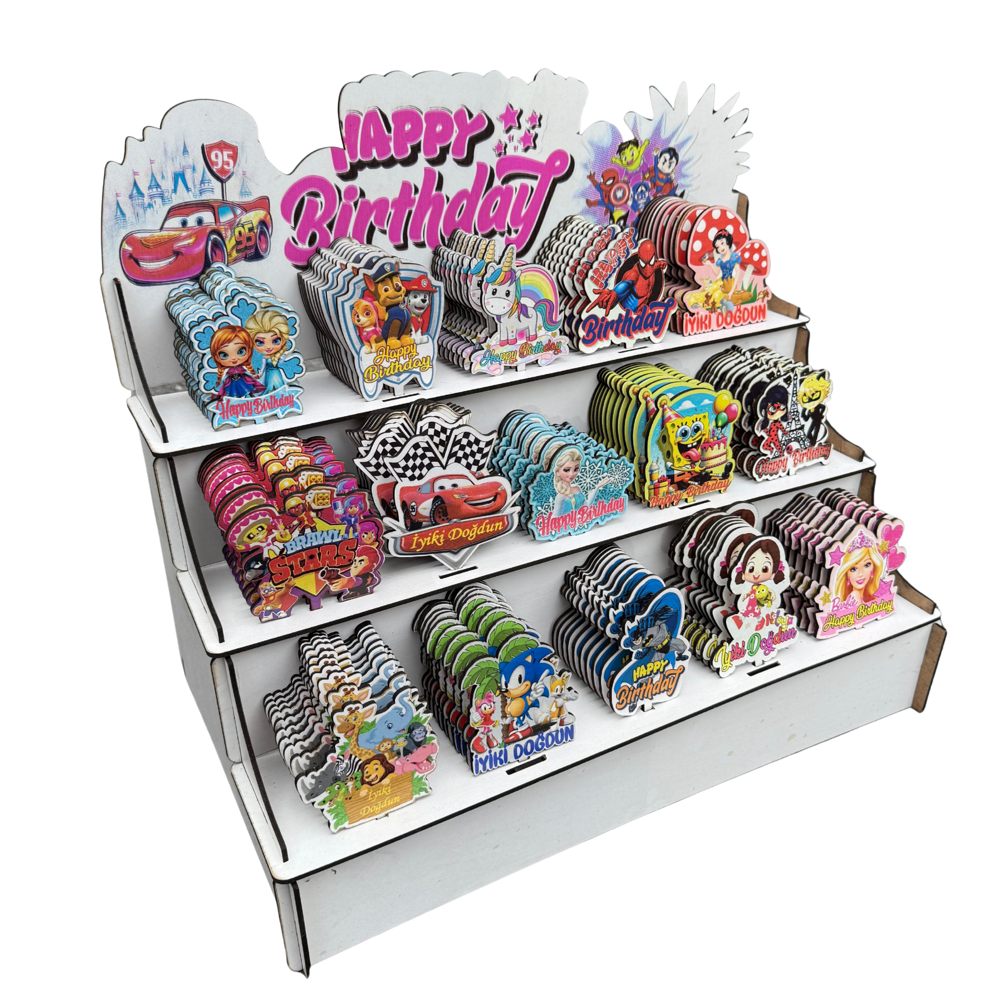 150'li Standlı Karakter Baskılı MDF Pasta Süsü Seti – Sevilen Kahramanlar & Çizgi Film Figürleri