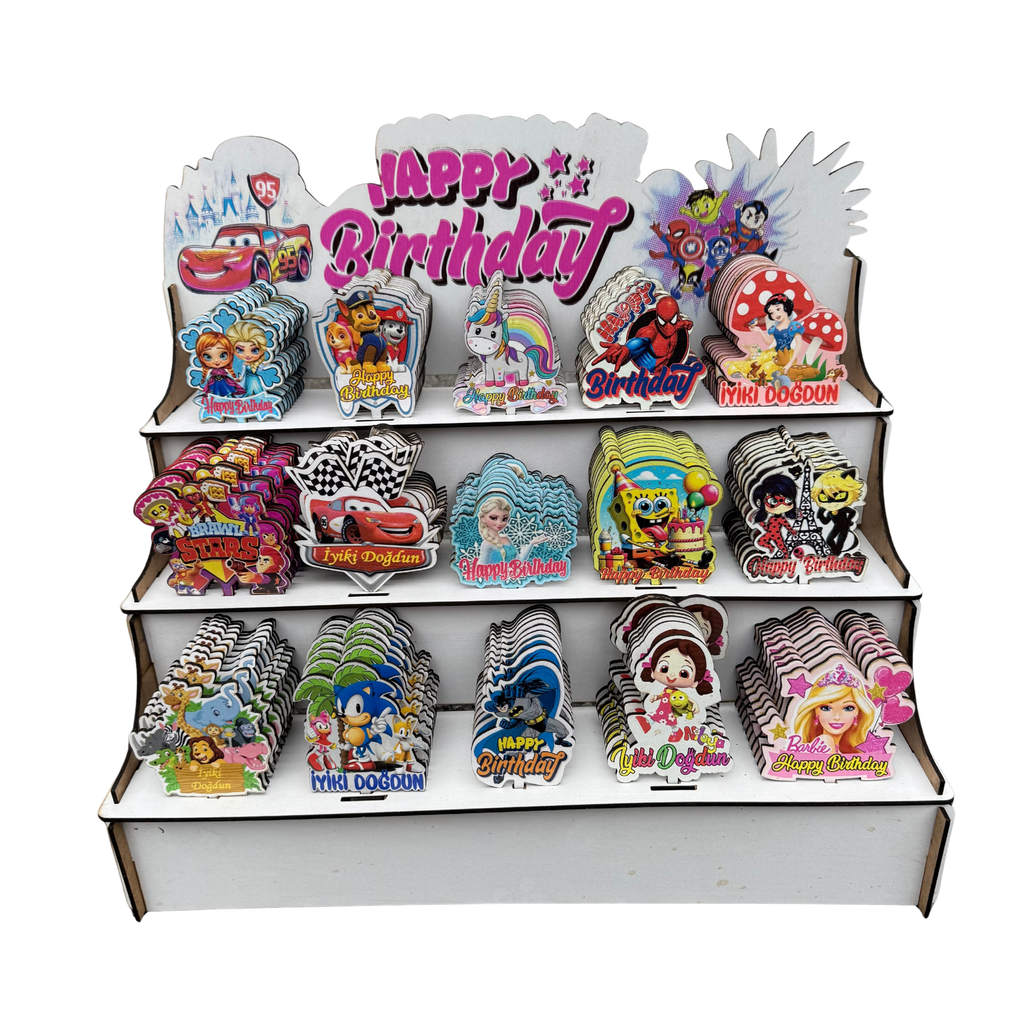 150'li Standlı Karakter Baskılı MDF Pasta Süsü Seti – Sevilen Kahramanlar & Çizgi Film Figürleri