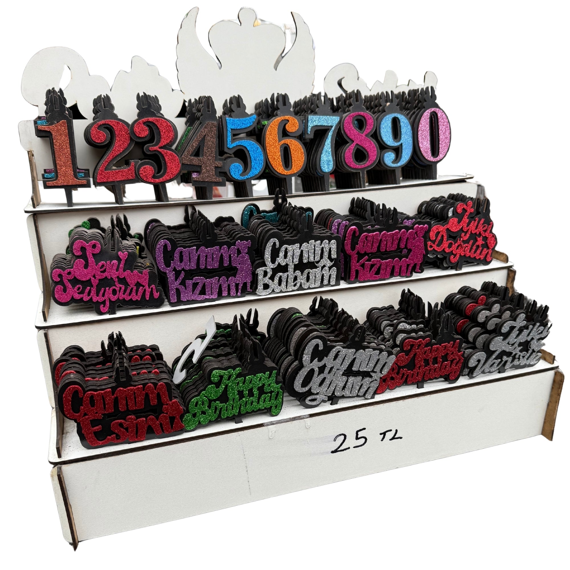 200 Parça Standlı Evalı MDF Pasta Süsü Seti – 100 Rakam & 100 Özel Gün Yazısı
