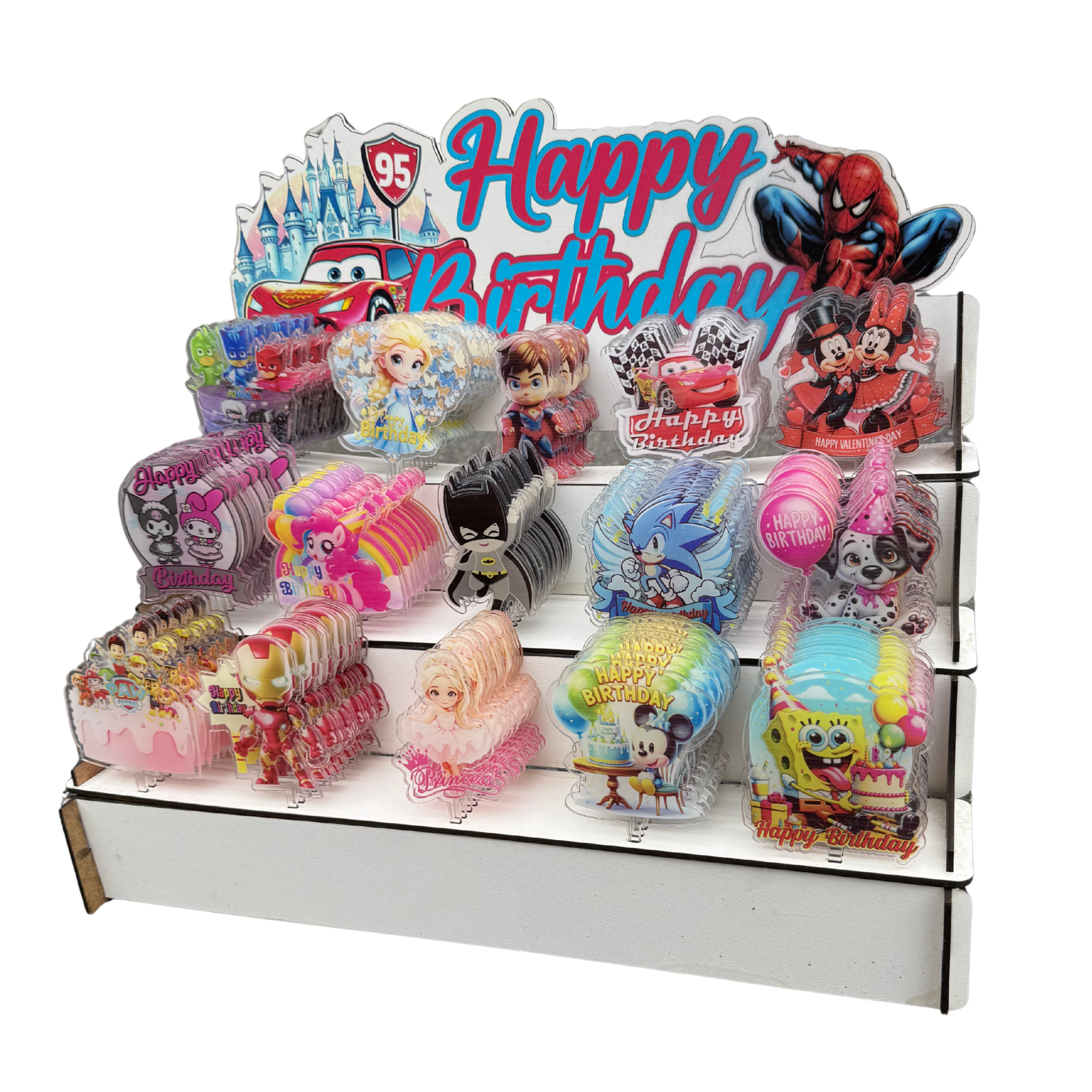 150'li Standlı Karakter Baskılı Şeffaf Pleksi Pasta Süsü Seti – Çizgi Film Kahramanları Serisi