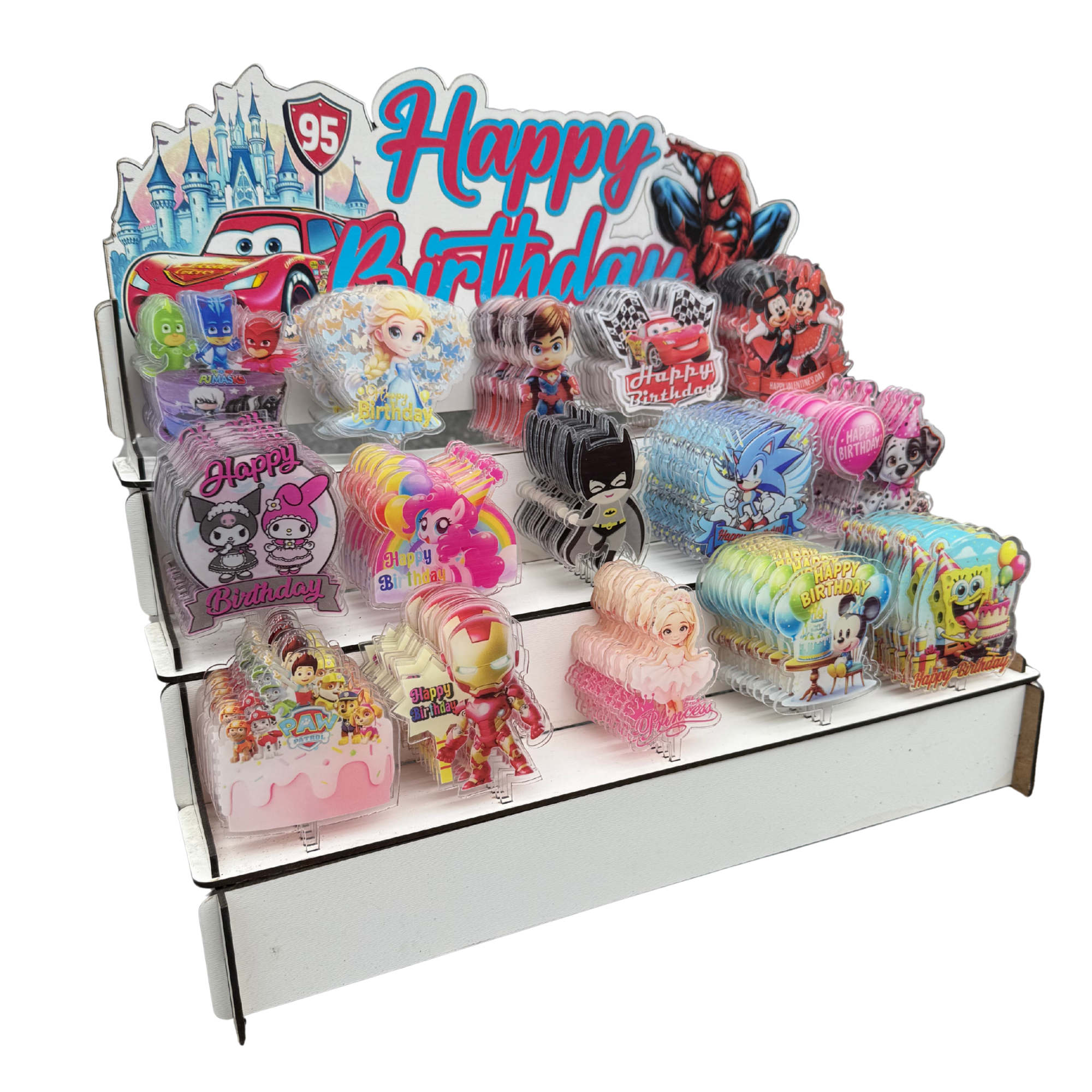 150'li Standlı Karakter Baskılı Şeffaf Pleksi Pasta Süsü Seti – Çizgi Film Kahramanları Serisi