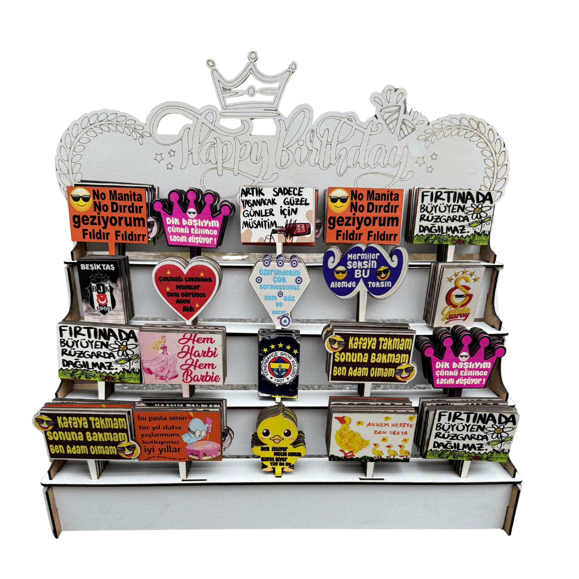 200 Adet Espri Yazılı Baskılı MDF Pasta Süsü Seti – Komik Mesajlı & Taraftar Tasarımlı, Standlı