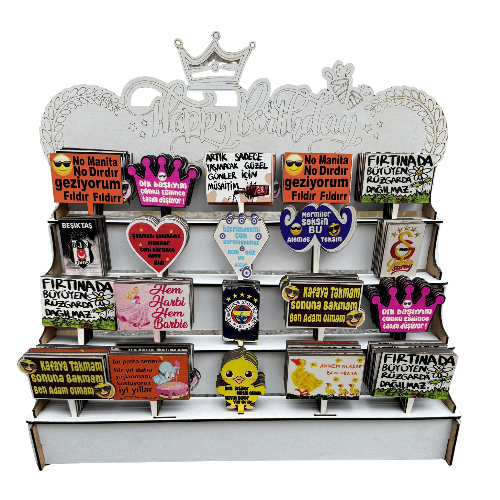 200 Adet Espri Yazılı Baskılı MDF Pasta Süsü Seti – Komik Mesajlı & Taraftar Tasarımlı, Standlı