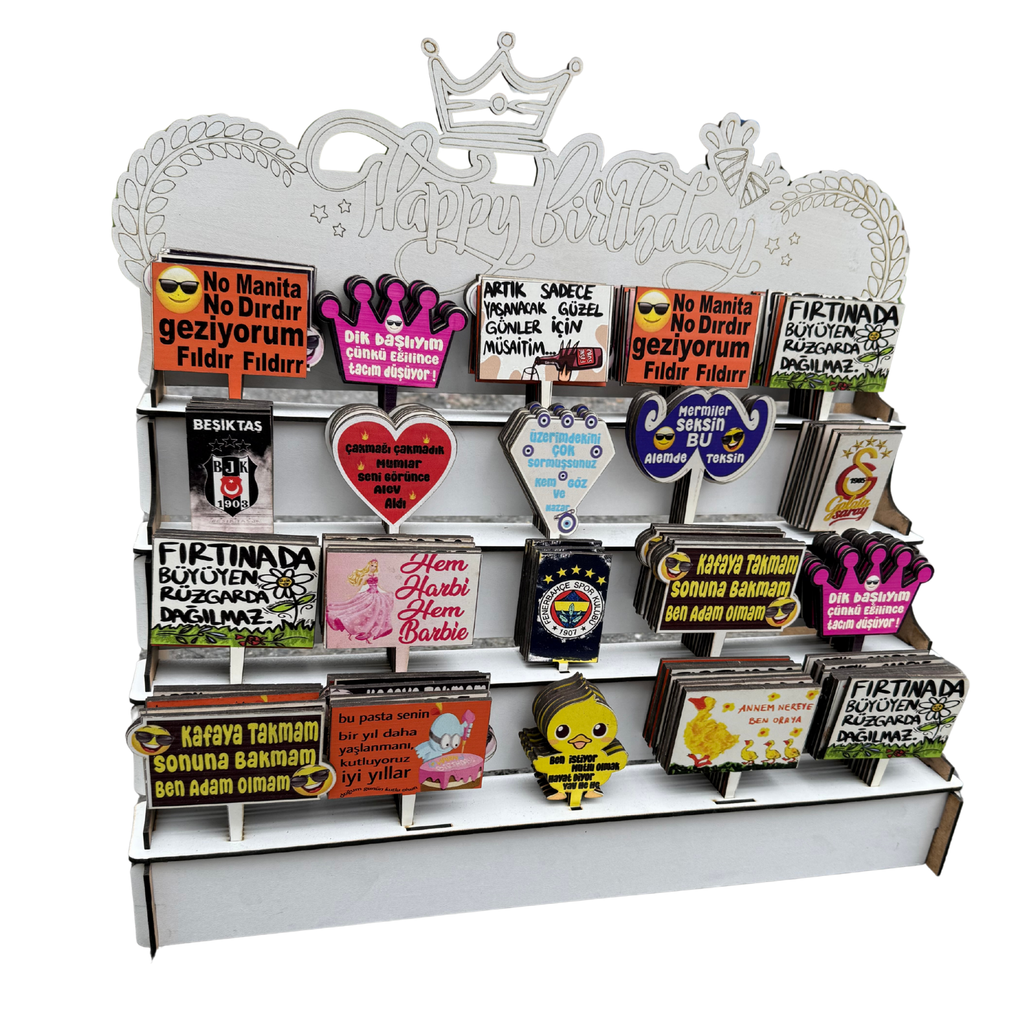 200 Adet Espri Yazılı Baskılı MDF Pasta Süsü Seti – Komik Mesajlı & Taraftar Tasarımlı, Standlı