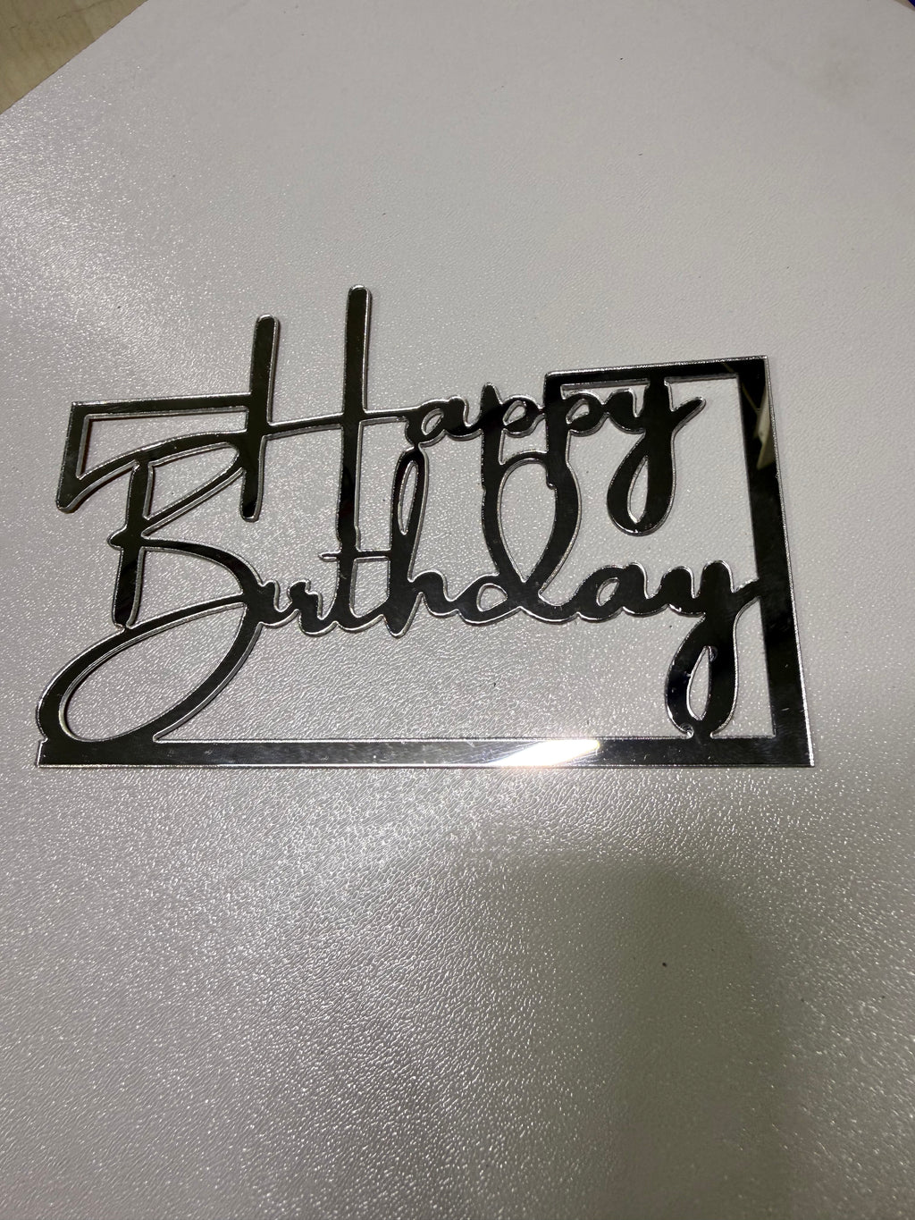 20'li Gümüş Aynalı Pleksi Çerçeveli "Happy Birthday" Pasta Üstü Süs (Cake Topper) - Toptan Fiyat Avantajı