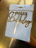 20'li Altın Aynalı Pleksi "Happy Birthday" Kaligrafik Pasta Üstü Süs (Cake Topper) - Toptan Fiyat Avantajı