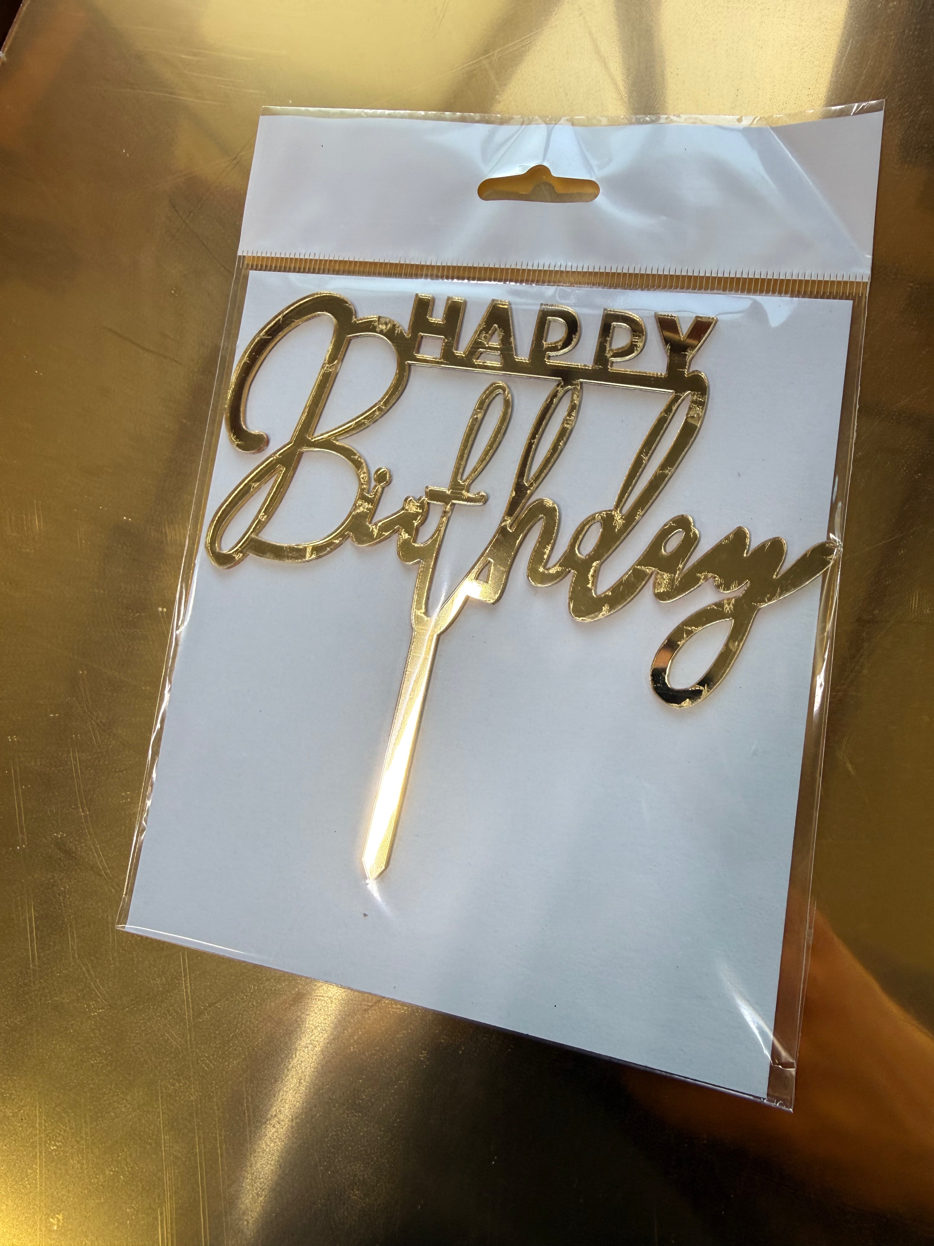 20'li Altın Aynalı Pleksi "Happy Birthday" Kaligrafik Pasta Üstü Süs (Cake Topper) - Toptan Fiyat Avantajı