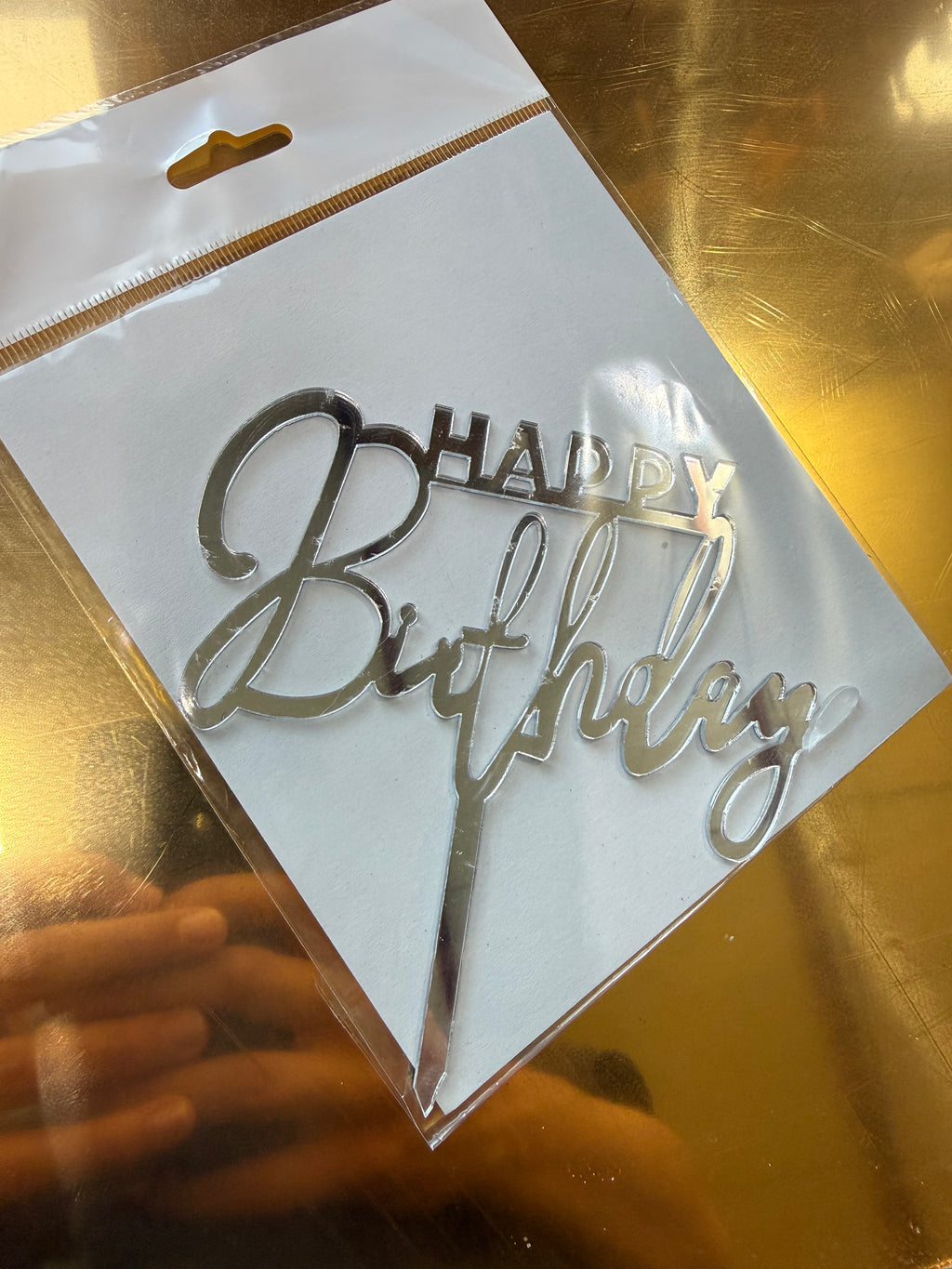 20'li Gümüş Aynalı Pleksi "Happy Birthday" Kaligrafik Pasta Üstü Süs (Cake Topper) - Toptan Fiyat Avantajı