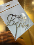 20'li Gümüş Aynalı Pleksi "Happy Birthday" Kaligrafik Pasta Üstü Süs (Cake Topper) - Toptan Fiyat Avantajı