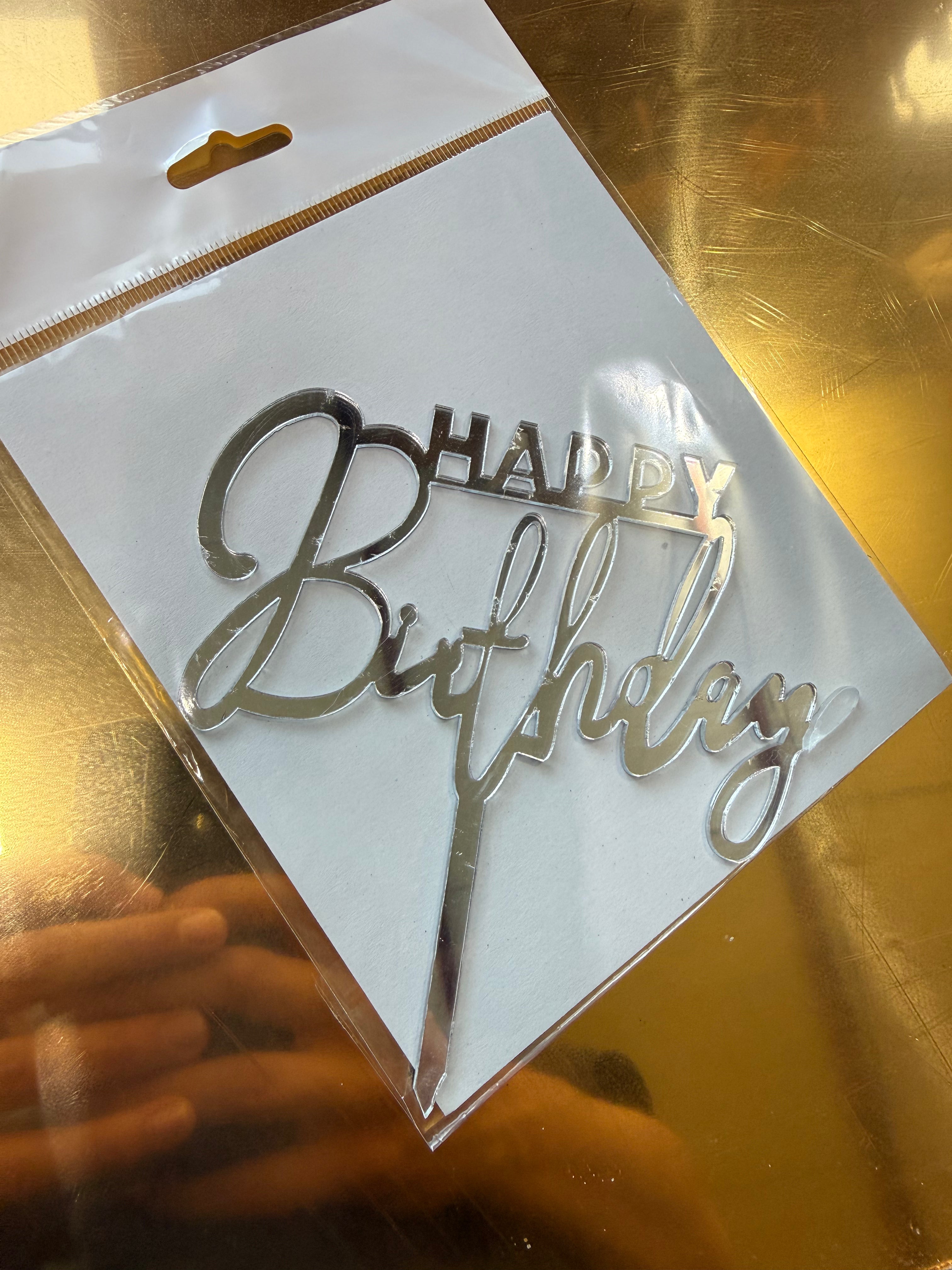 20'li Gümüş Aynalı Pleksi "Happy Birthday" Kaligrafik Pasta Üstü Süs (Cake Topper) - Toptan Fiyat Avantajı