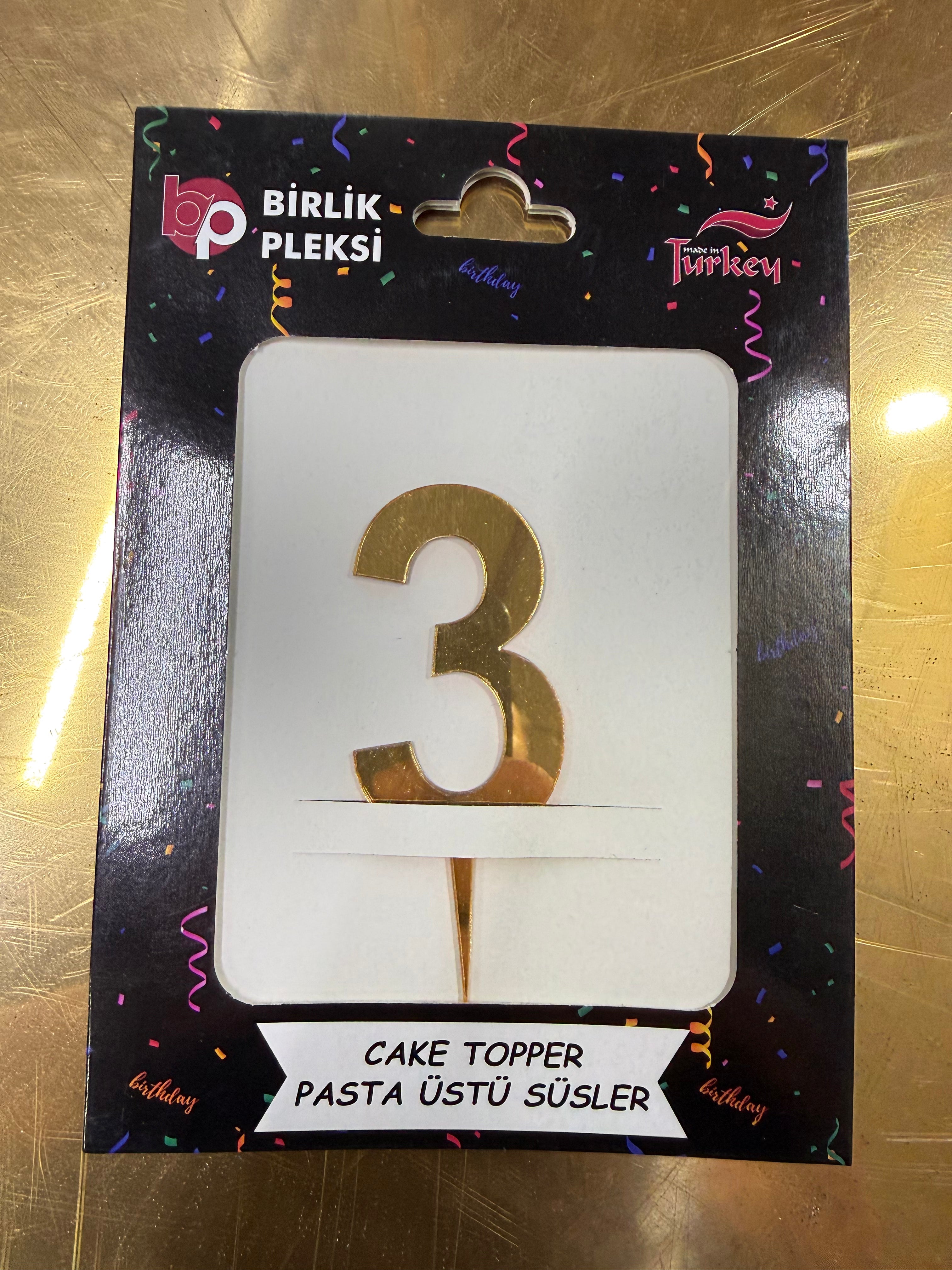 20'li Pleksi "3" Rakamı Pasta Üstü Süs (Cake Topper) - Toptan Fiyat Avantajı