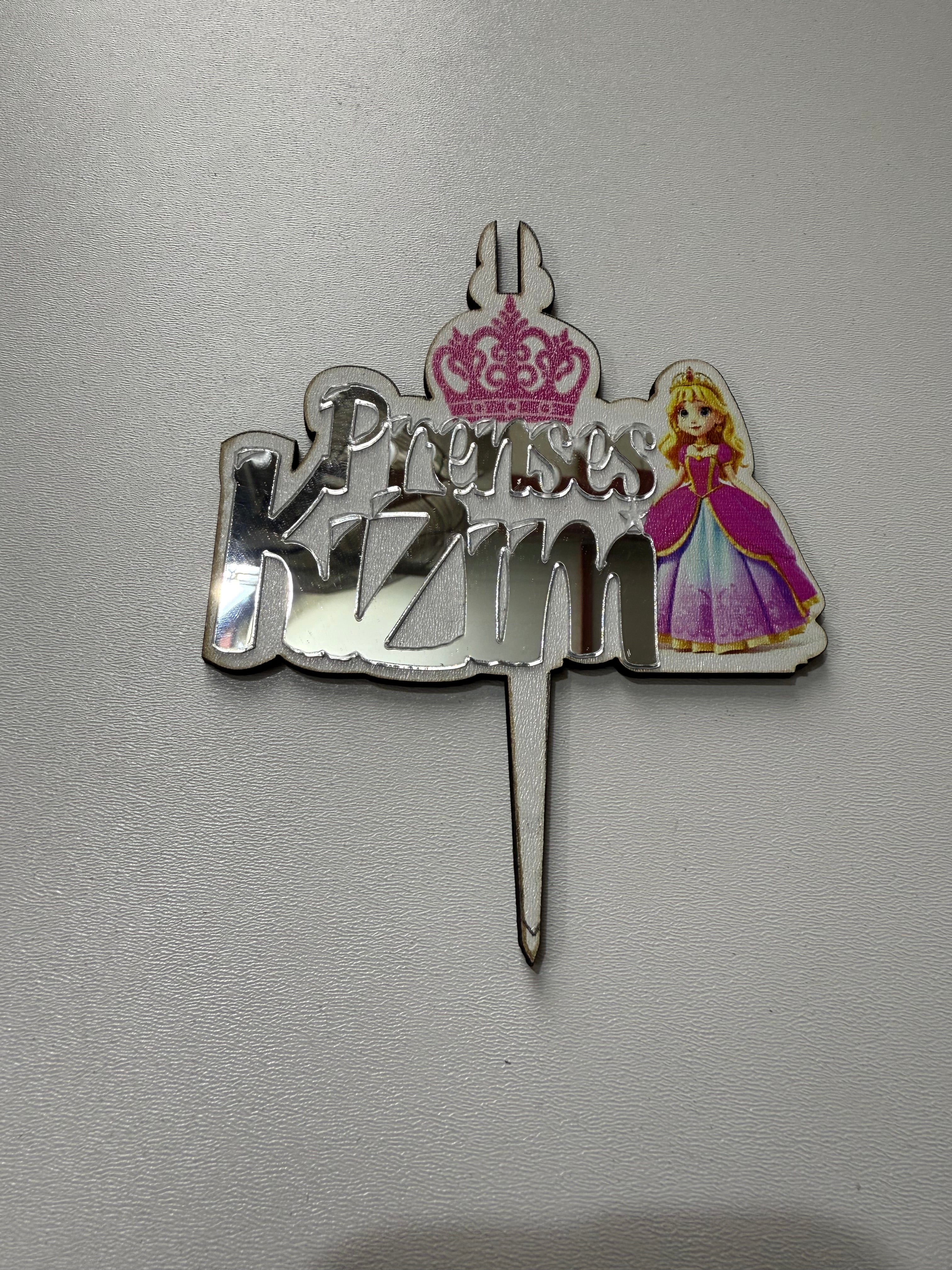 20’li Paket Gümüş Aynalı Pleksi & MDF Baskılı "Prenses Kızım" Pasta Süsü Seti