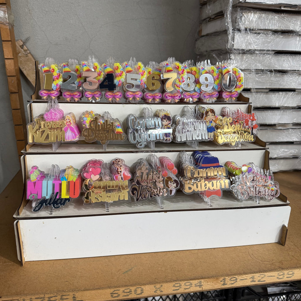 200'lü Standlı Şeffaf Pleksi Baskılı Pasta Süsü Seti – Gold Serisi & Özel Yazılar