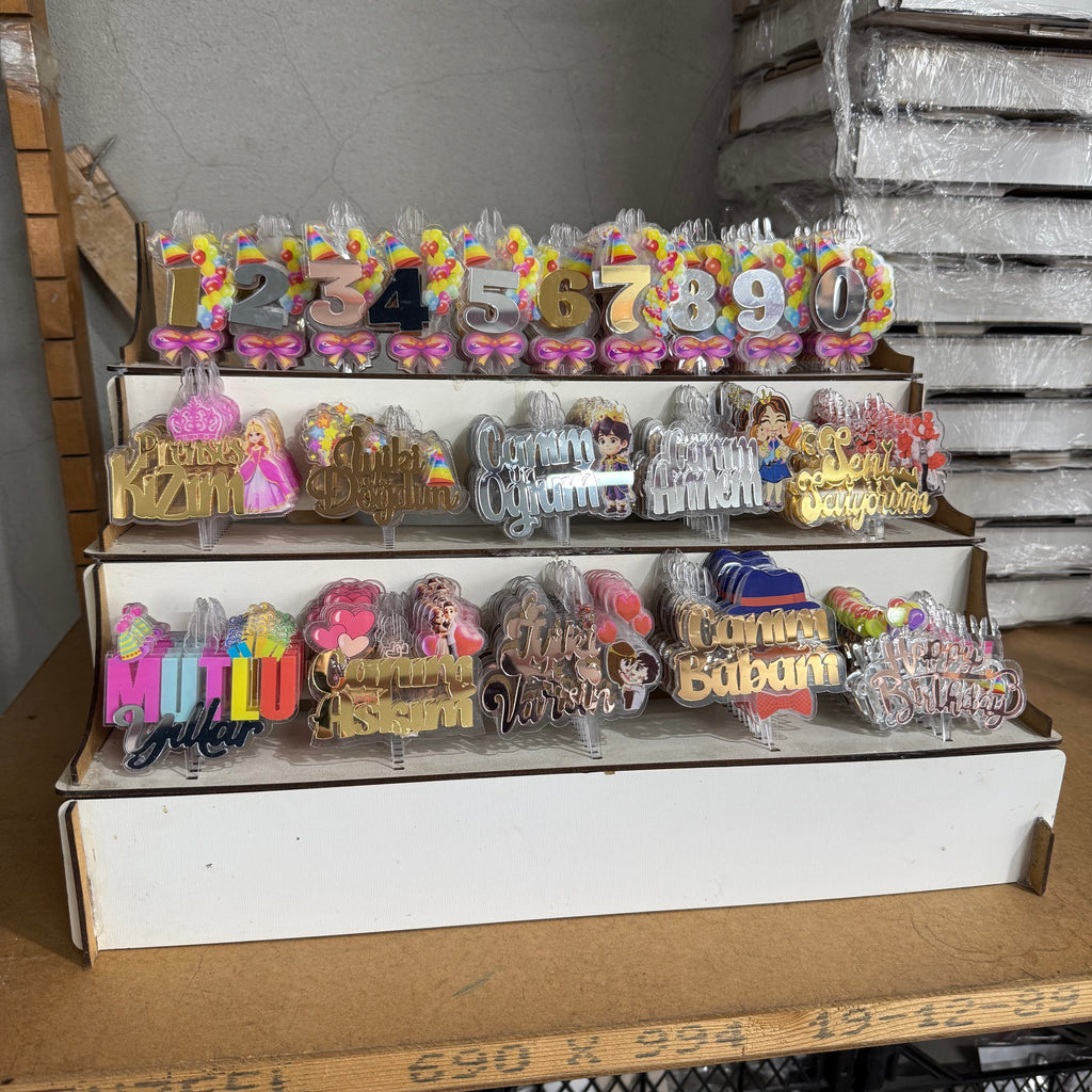 200'lü Standlı Şeffaf Pleksi Baskılı Pasta Süsü Seti – Gold Serisi & Özel Yazılar