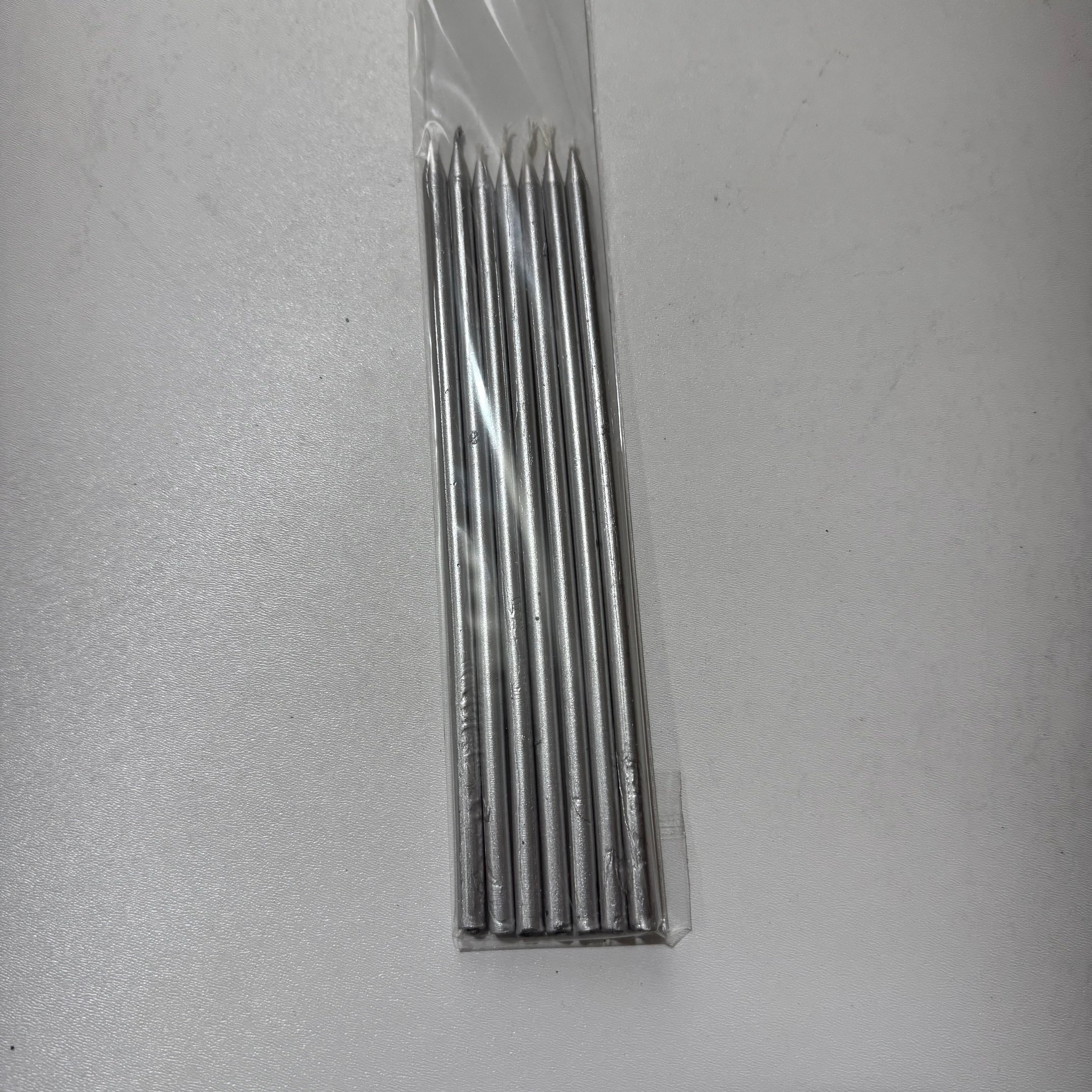 10-Piece Set: 7 Metallic Silver Taper Candles – "Modern and Crystalline Shine for Celebrations"