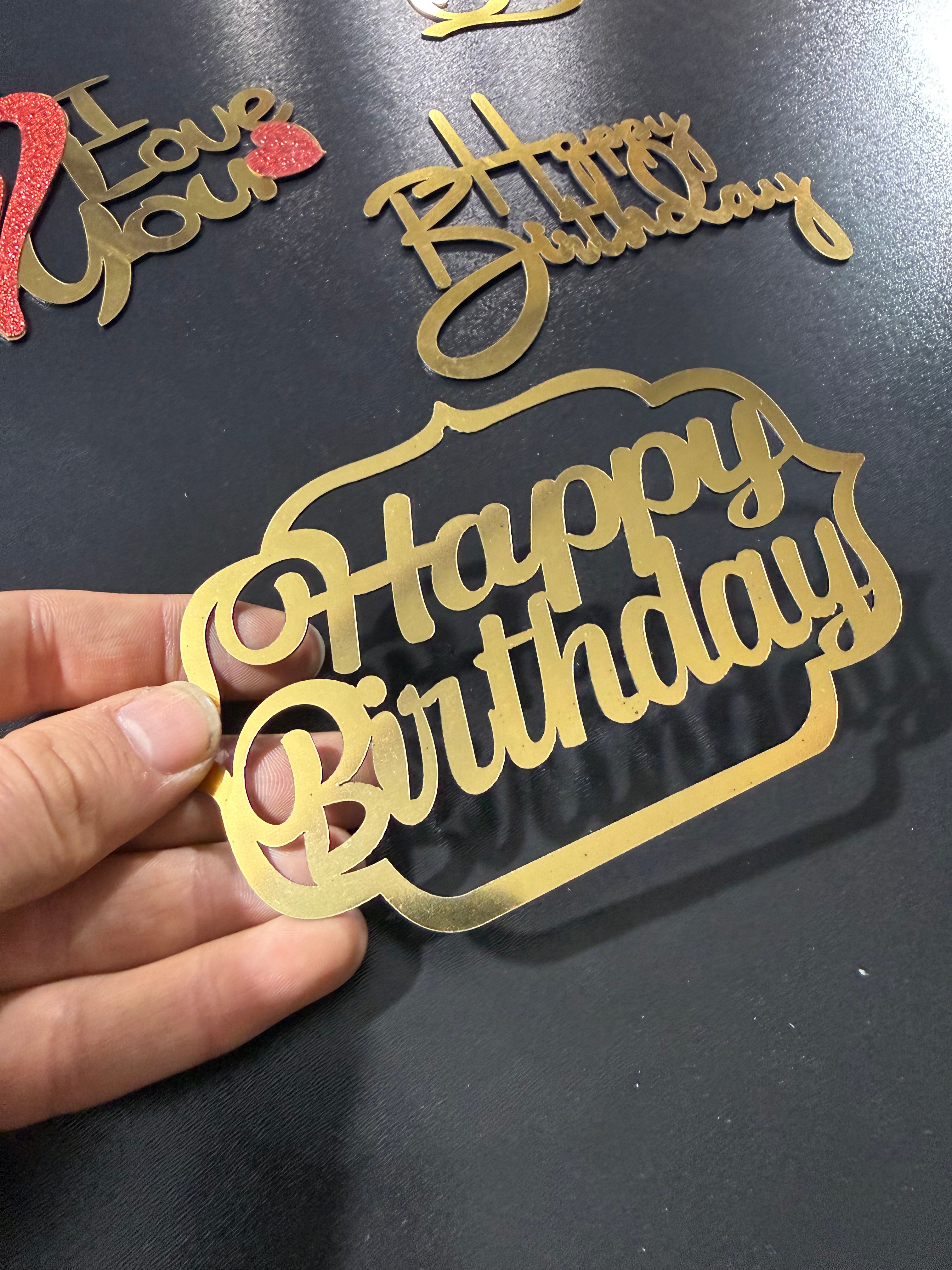 10 Gold Mirror Plexi Framed Happy Birthday Cake Topper - Wall and Cake Decoration