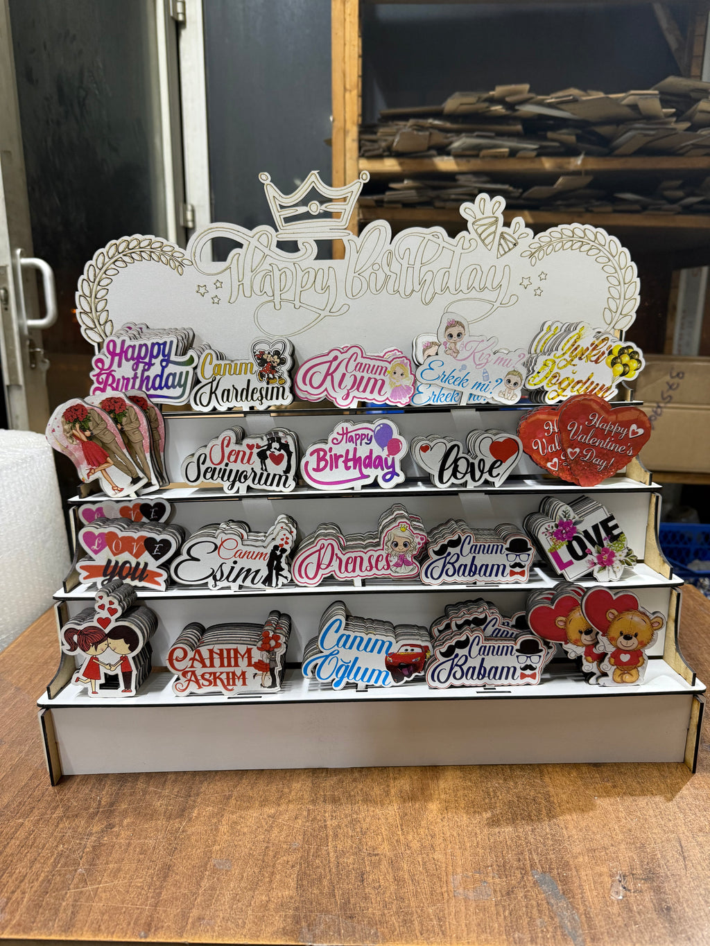 Collection of 200 Colored Printed MDF Cake Toppers with Stands