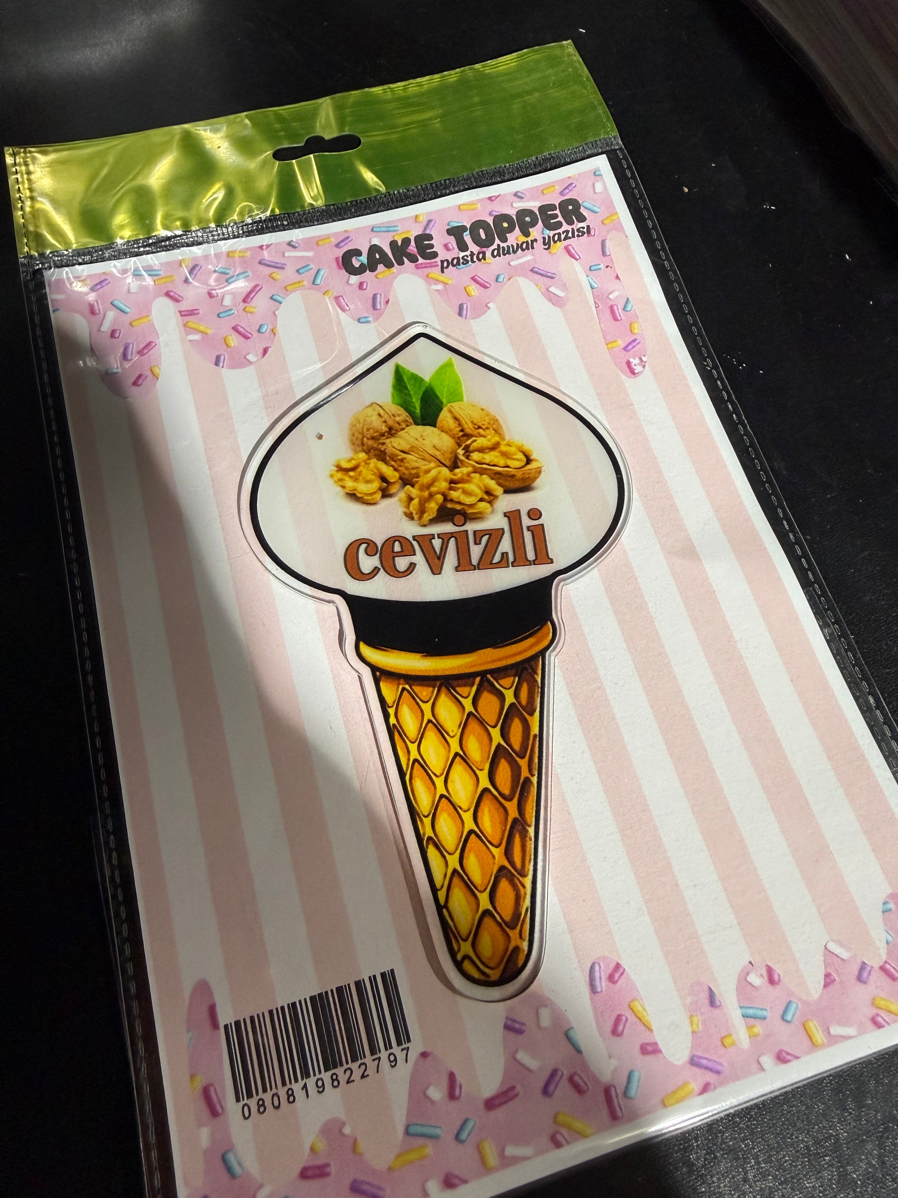 (1 adet) Dondurma Temalı 'Ceviz' Kişiselleştirilebilir Pleksi İsimlik & Cake Topper