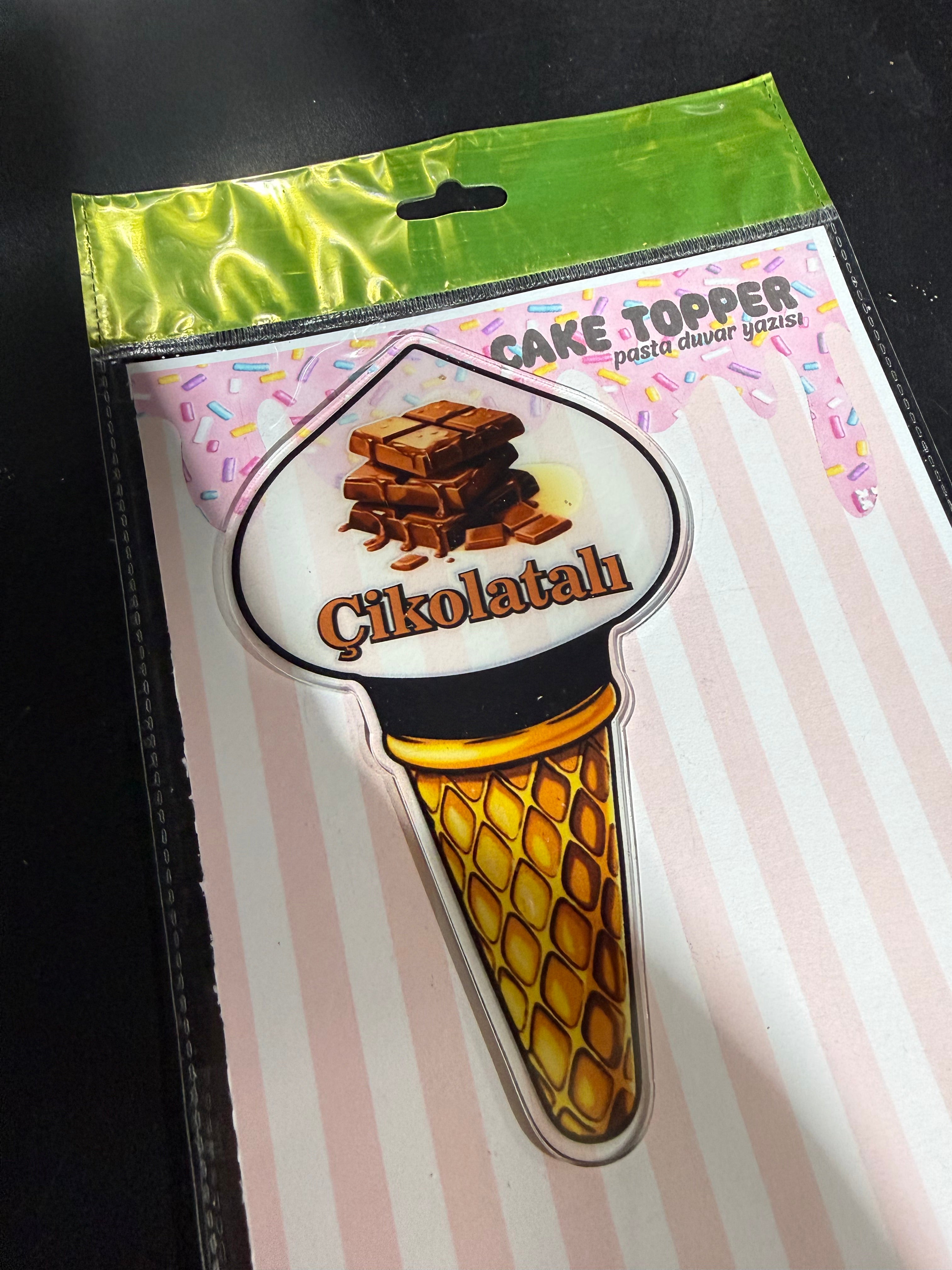 (1 adet) Dondurma Temalı 'Çikolatalı' Kişiselleştirilebilir Pleksi İsimlik & Cake Topper