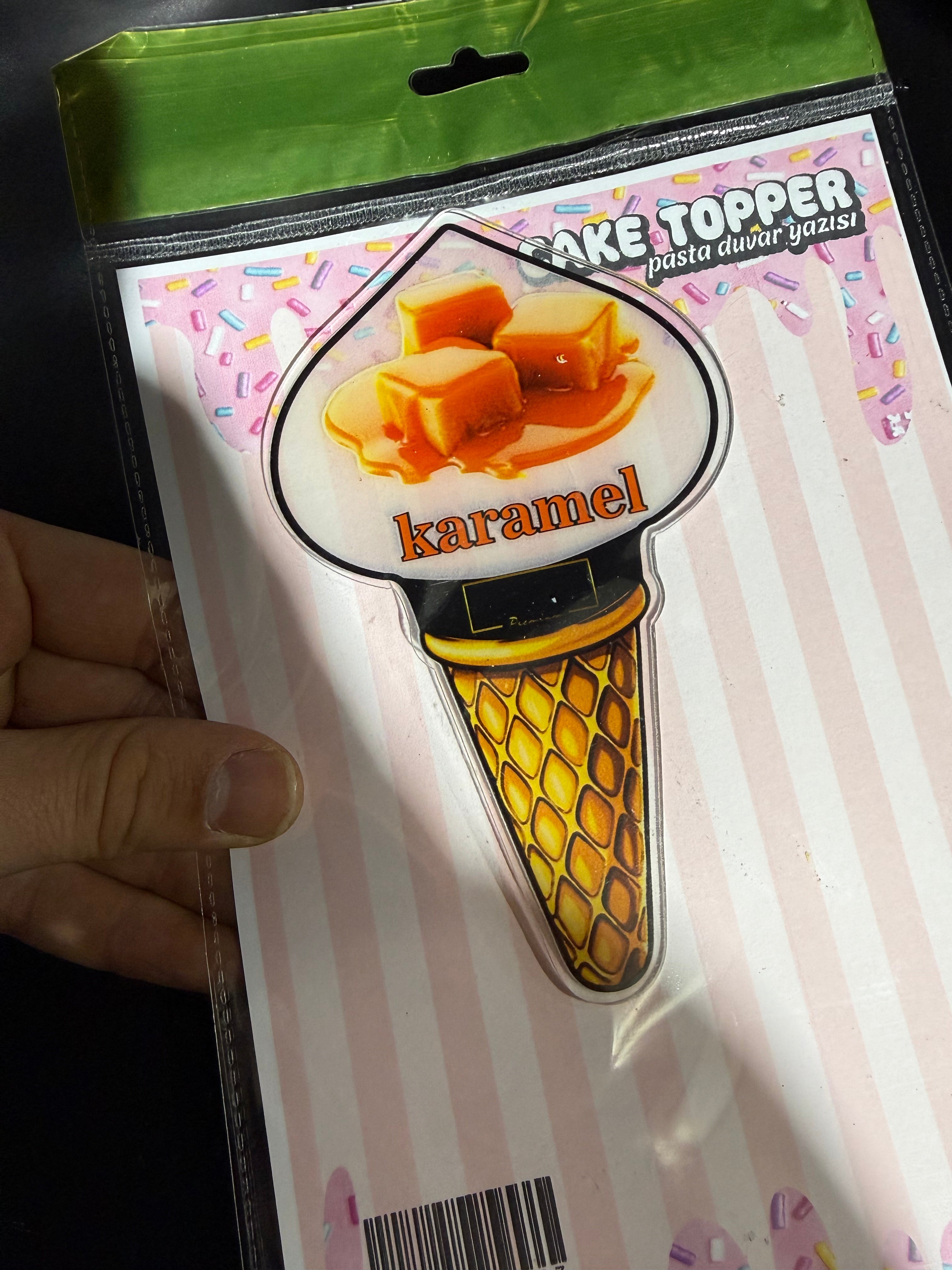 (1 adet) Dondurma Temalı 'Karamel' Kişiselleştirilebilir Pleksi İsimlik & Cake Topper