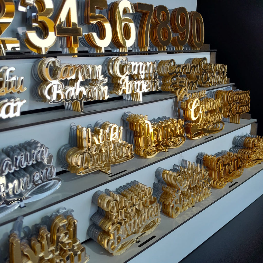 Pleksi Pasta Süsleri Seti – 150 Rakam, 100 Yazı, Altın & Gümüş Renk Standlı Tam Set