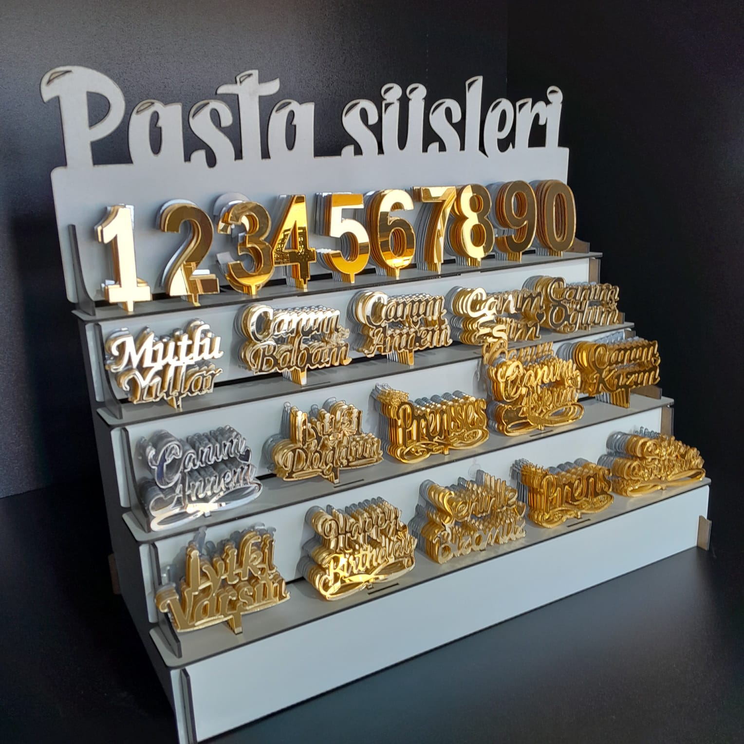 Pleksi Pasta Süsleri Seti – 150 Rakam, 100 Yazı, Altın & Gümüş Renk Standlı Tam Set