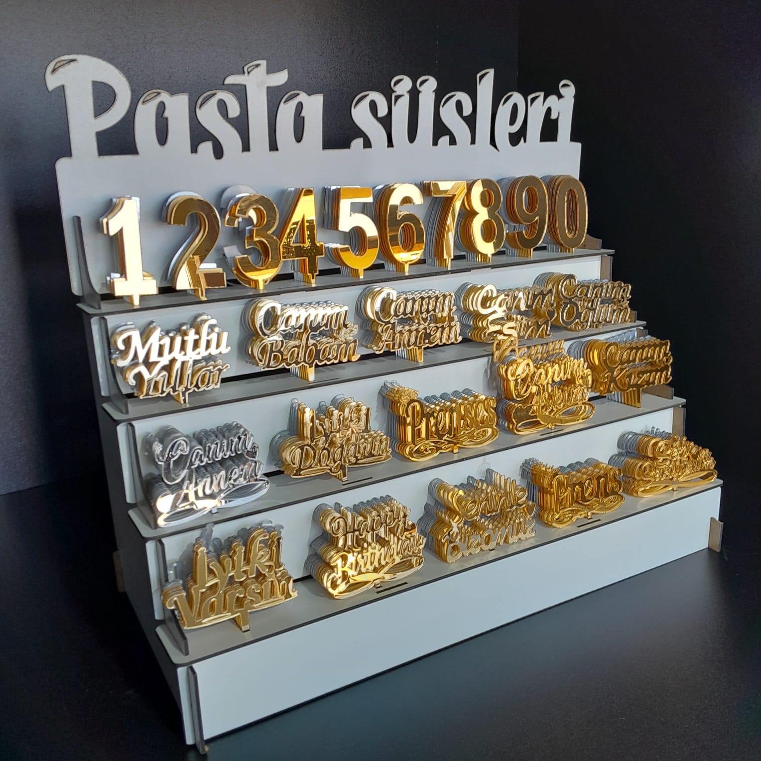 Pleksi Pasta Süsleri Seti – 150 Rakam, 100 Yazı, Altın & Gümüş Renk Standlı Tam Set