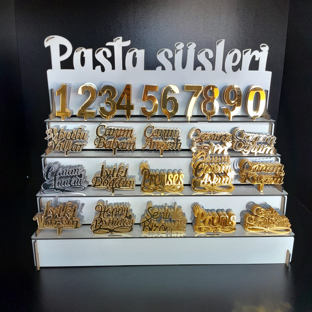 Pleksi Pasta Süsleri Seti – 150 Rakam, 100 Yazı, Altın & Gümüş Renk Standlı Tam Set