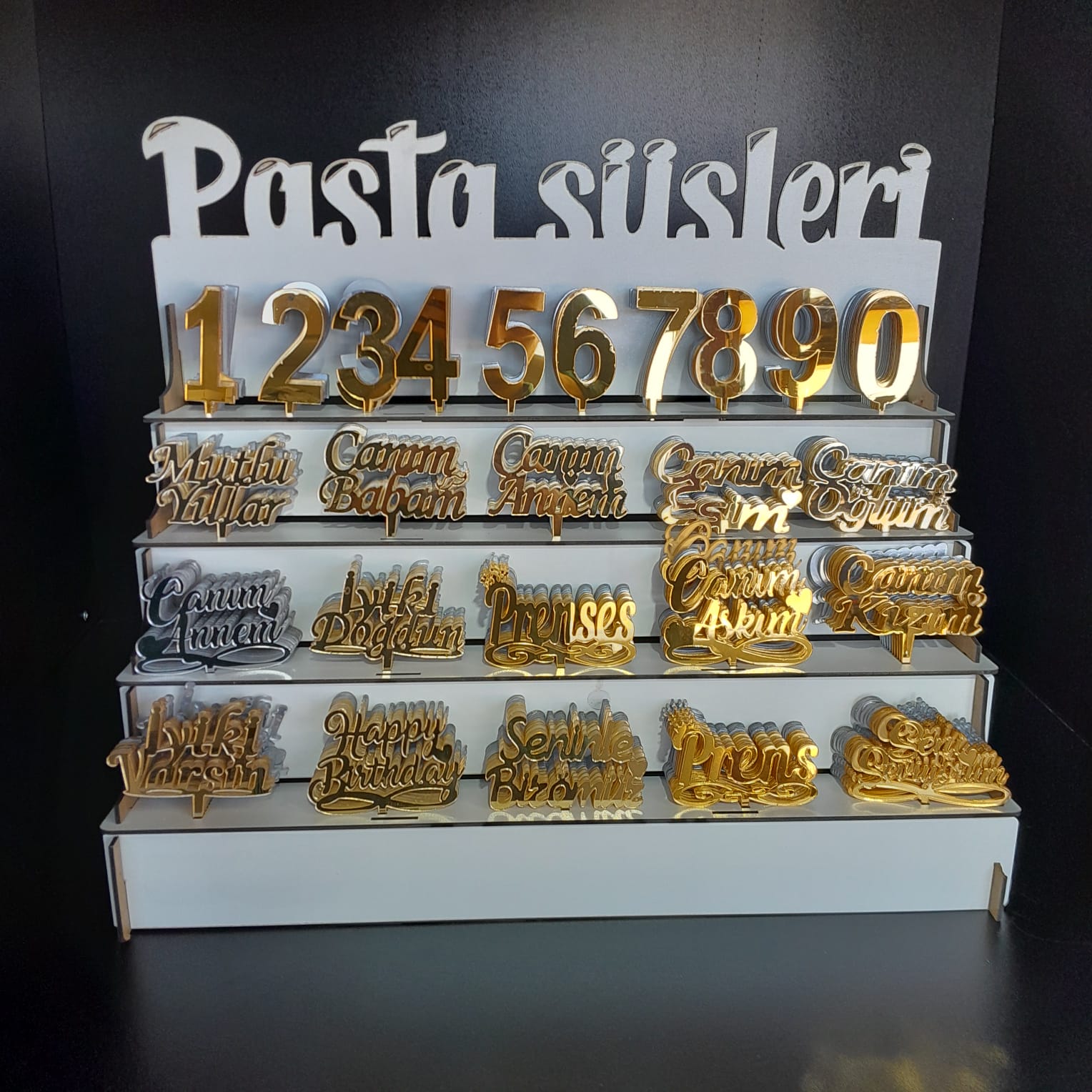 Pleksi Pasta Süsleri Seti – 150 Rakam, 100 Yazı, Altın & Gümüş Renk Standlı Tam Set