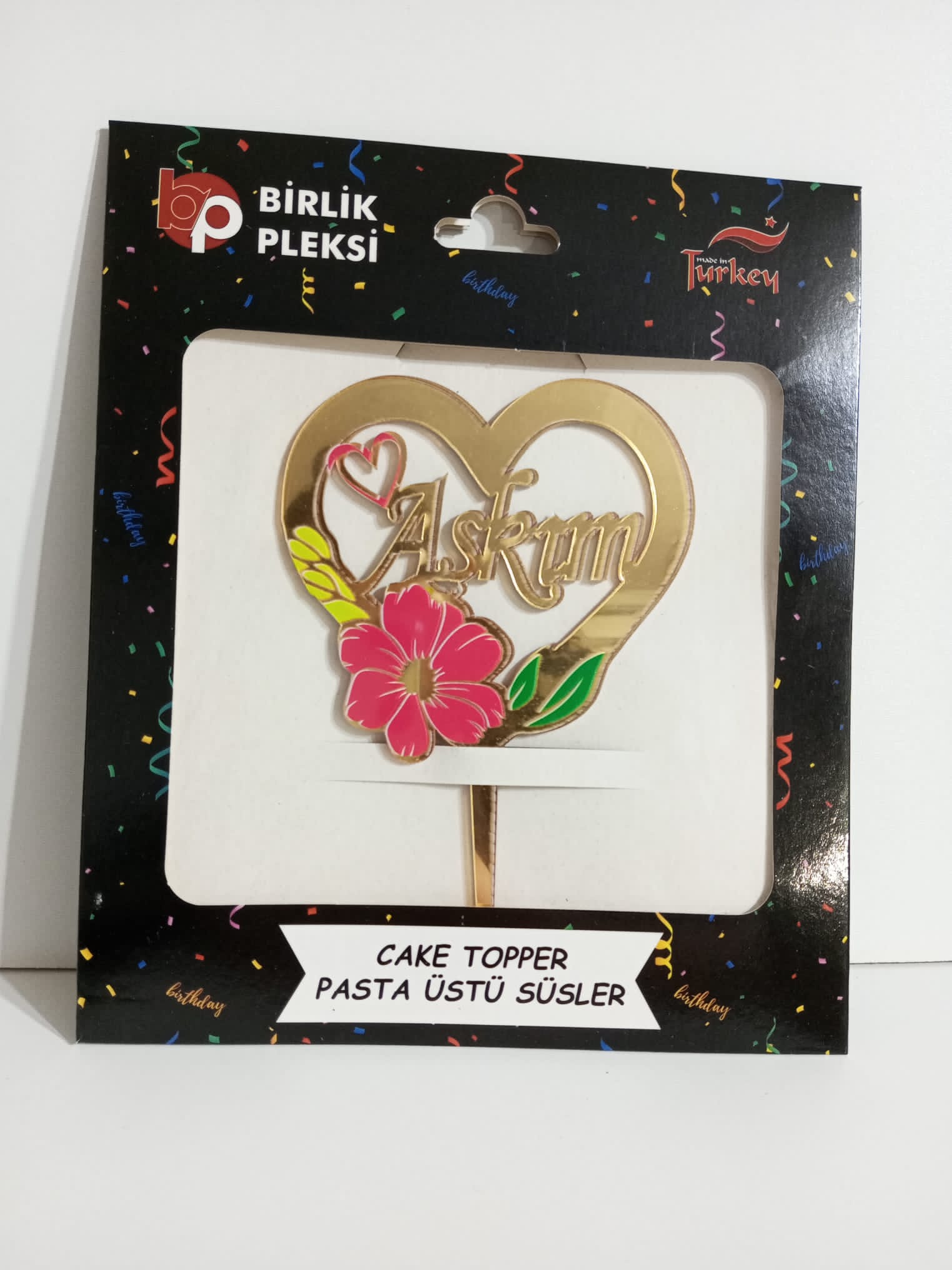 Dekoratif Pleksi Pasta Üstü Süs – “Aşkım” Kalp Desenli Cake Topper