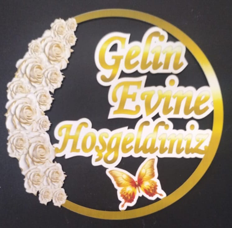 Gelin Evine Hoşgeldiniz Pleksi Süs – Altın Renkli Dekoratif Tabela