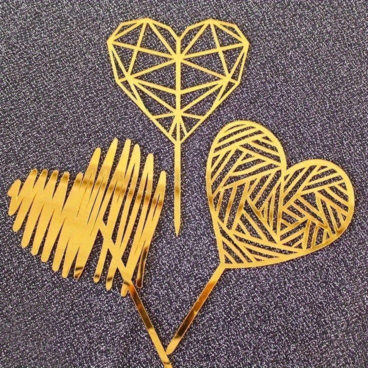 Gold Pleksi Kalp Desenli Pasta Üstü Dekor – 3’lü Set (Toptan Satış)