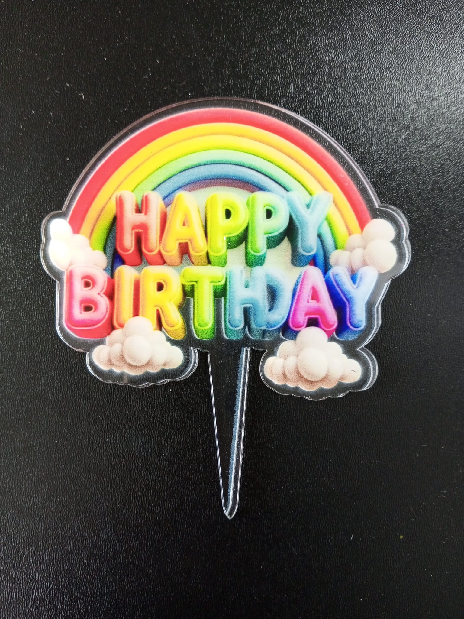 Şeffaf Pleksi Pasta Üstü Dekor – Gökkuşağı “Happy Birthday”