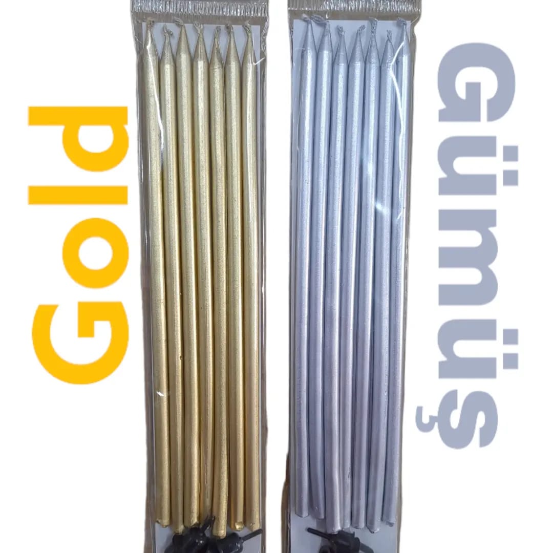 7'li Uzun İnce Pasta Mumu – Gold & Gümüş Paket (Gold & Gümüş)