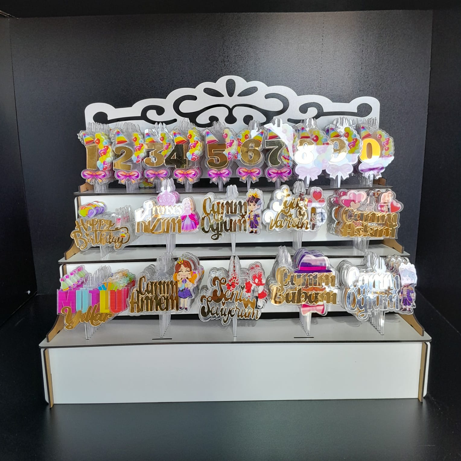 200'lü Standlı Şeffaf Pleksi Baskılı Pasta Süsü Seti – Gold Serisi & Özel Yazılar